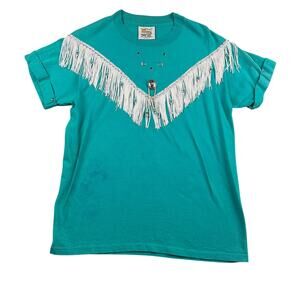 Vintage Hazelwood Western Fringe Shirt Turquoise Tee Beaded Cowgirl Top Size M